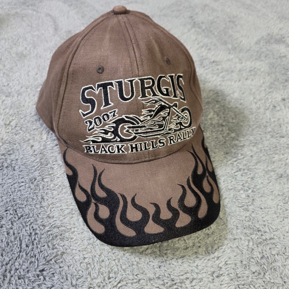 Hot Leathers Mens OS Sturgis 2007 Rally Hat Brown Embroidered Flames Motorcycle